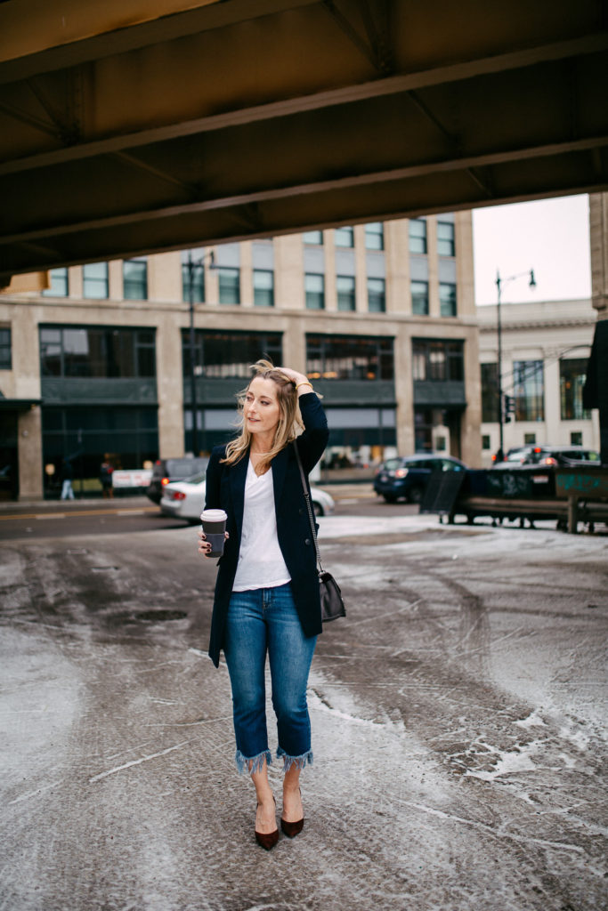 white tee, black cardigan and fringe denim outfit