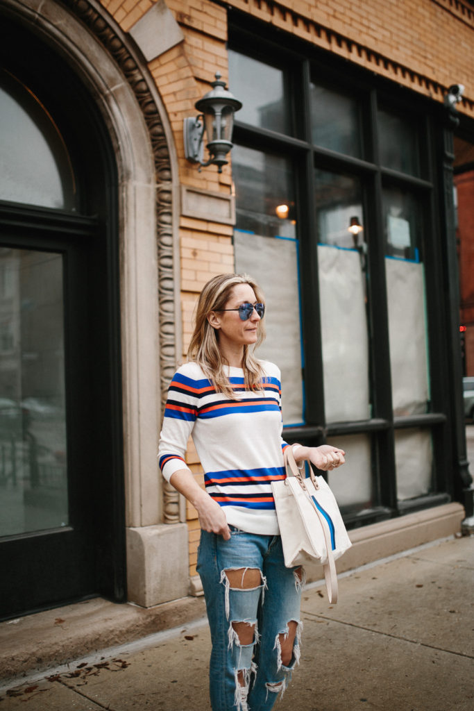 Striped Sweater and Distressed Boyfriend Jeans outfit