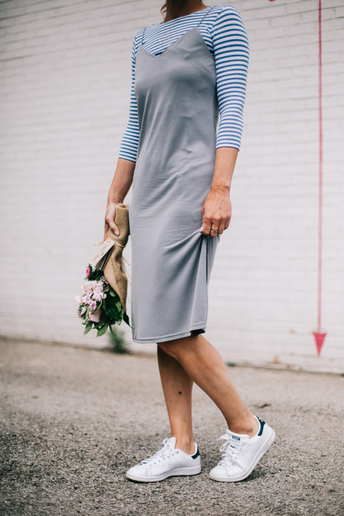 slip dress and sneakers