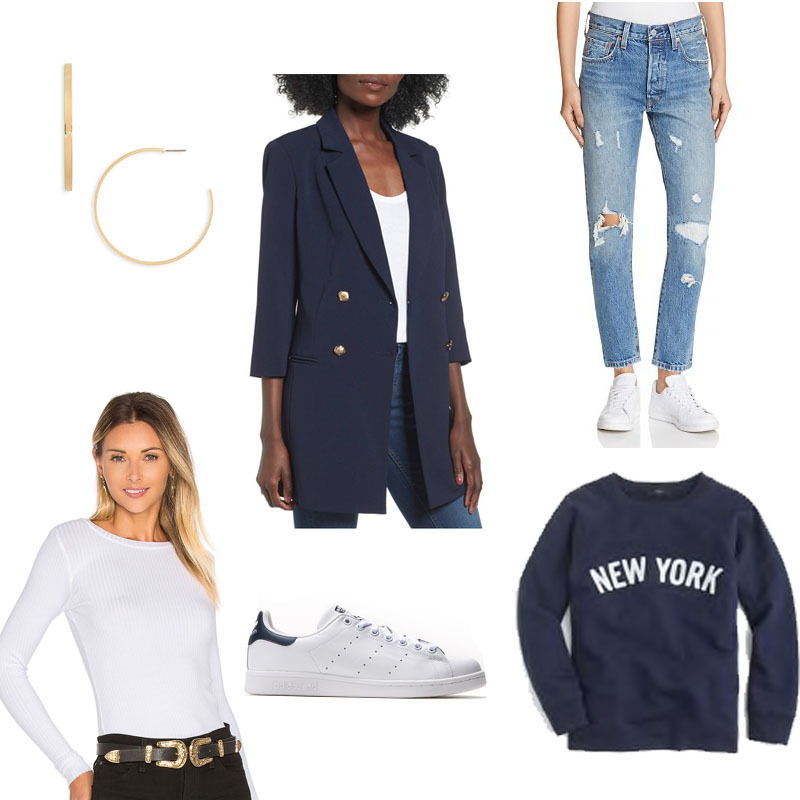 Longer version navy blazer, white ribbed long sleeve tee, distressed denim, retro sneakers, gold earrings make up this outfit of the day mood board 