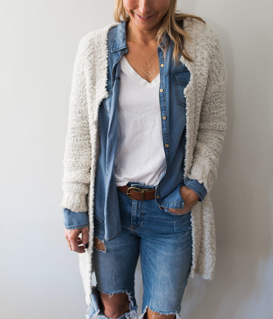 Denim on denim look layer with same wash denim top and add a cozy cardigan