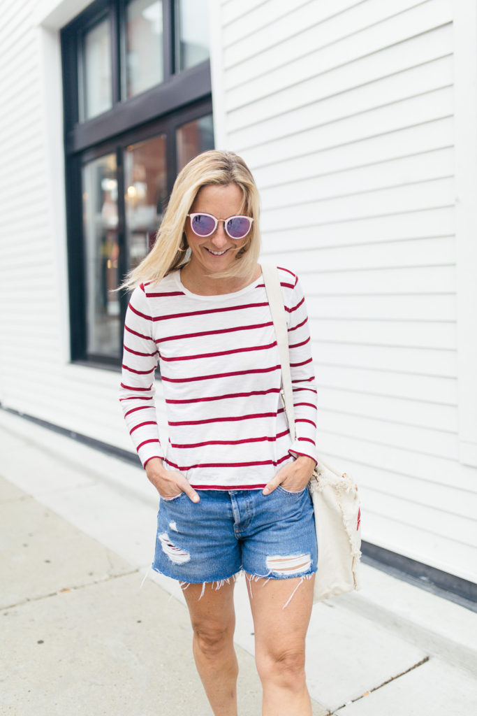 4th of July Finds - 4th of July outfit: Red & White Striped Shirt With Ripped Shorts