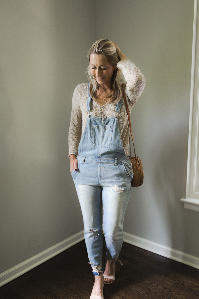 Distressed Denim Overalls - Women's ivory sweater Cotton v neck sweater - Feodora Ankle Wrap Sandal