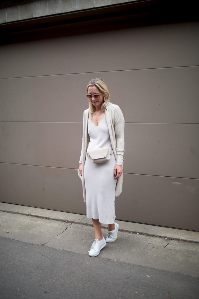 Dress // Hooded Cardigan // Belt Bag // Sneakers // Necklace - Nsale