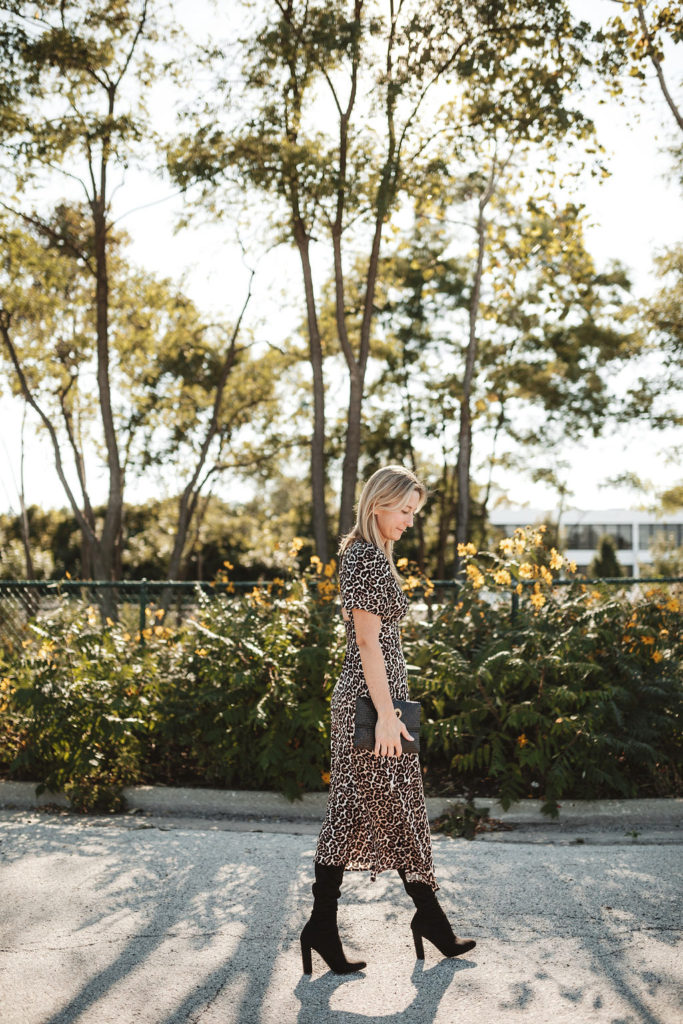leopard print dress, black over the knee boots, black clutch