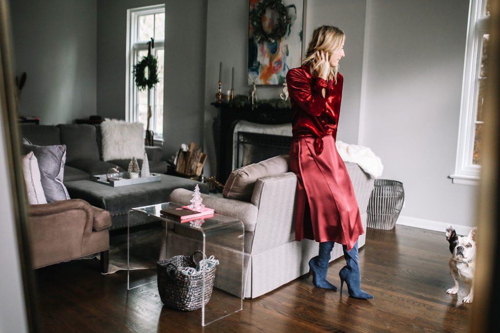 Velvet Shirt WIT & WISDOM - Drape Panel Silk Skirt VINCE - Jeffrey Campbell Gamora Point Toe Tall Boots - Megan Medica