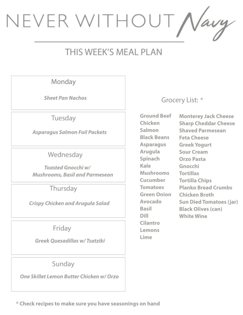 a grocery list for never without navy that lays out weekly meal plan ideas