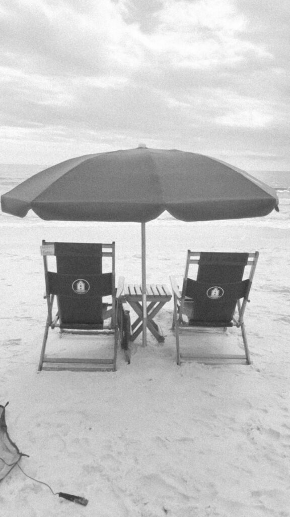 beach umbrella and chairs